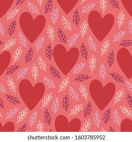 Valentine's Day seamless pattern with big hearts and branches. Scandinavian style. Perfect for greeting cards, wallpaper, gift paper, wedding decorations