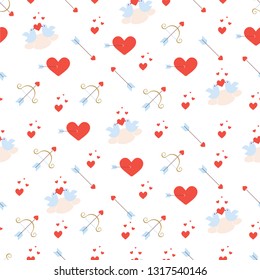 Valentines day seamless pattern with birds on a cloud, red hearts, bow and arrows. Vector texture in flat style. Red, gold and light blue colors.