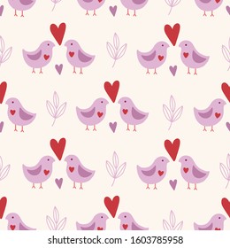 Valentine's Day seamless pattern with birds, leaves and hearts. Scandinavian style. Perfect for greeting cards, wallpaper, gift paper, wedding decorations