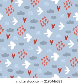 Valentine's Day seamless pattern with birds, hearts, clouds on blue background. Perfect for greeting card, wallpaper, wrapping paper, fabric. Vector illustration