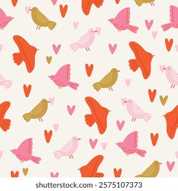Valentine's Day seamless pattern with birds and hearts on white background. Perfect for wallpaper, gift paper, romantic greeting cards. Vector hand drawn illustration