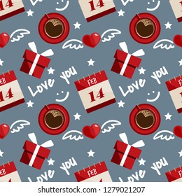 Valentine's day seamless pattern of black coffee in a cup on top view, red heart with wings, calendar 14 February, gift box, stars and Love you text. Vector illustration.