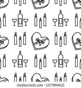 Valentine's day seamless pattern with black candle, wine and gift box on the white background. Vector lovely fun ornament. Usable for invitations, cards, wrapping paper, packets