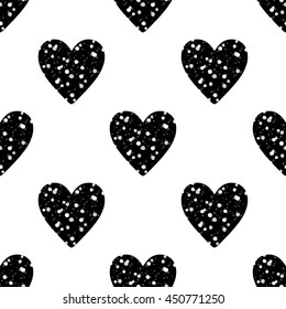 Valentine's Day seamless pattern with black glitter hearts on white background