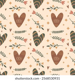 Valentine's day seamless pattern. Boho heart with eye, flowers, plants in beige and green colors. Modern vector illustration for packaging, wrapping paper, greeting card.