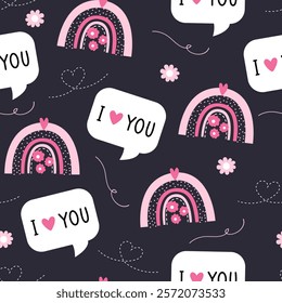 Valentines day seamless pattern with boho rainbows and speech bubbles with lettering, flowers and hand drawn elements isolated on darl purple background.