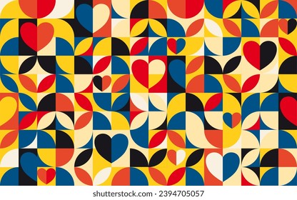 Valentine's Day seamless pattern in bold Bauhaus style. Recognisable classic Bauhaus colors.  Best for banners, posters, gift wrapping