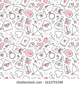 Valentine's day seamless pattern with bow and arrow, hearts, gifts, valentines, letter, ring, diamond. Background for scrapbooking, cards, banners, posters. Doodle illustration. Vector, eps 10