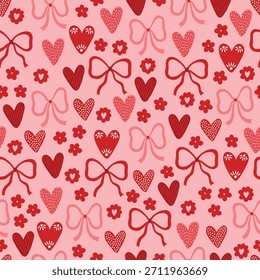 Valentinstag nahtloses Muster mit Bögen, Blumen und Herzen auf rosafarbenem Hintergrund. Perfekt für Tapeten, Geschenkpapier, romantische Grußkarten. Handgezeichnete Vektorgrafik
