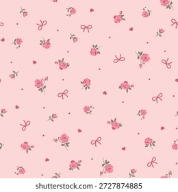 Valentine's Day seamless pattern with bows, flowers and hearts on pink background. Perfect for wallpaper, gift paper, romantic greeting cards. Vector hand drawn illustration