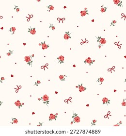 Valentine's Day seamless pattern with bows, flowers and hearts on pink background. Perfect for wallpaper, gift paper, romantic greeting cards. Vector hand drawn illustration