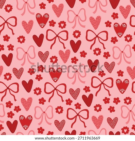 Valentine's Day seamless pattern with bows, flowers and hearts on pink background. Perfect for wallpaper, gift paper, romantic greeting cards. Vector hand drawn illustration