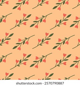 Valentine's day seamless pattern. Branches with flowers in the form of hearts on a beige background. Vector illustration for background, greeting card, wrapping paper, cover