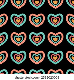 Valentine's day seamless pattern. Bright colorful hearts on a black background. Vector illustration for wrapping paper, card, fabric, cover, background