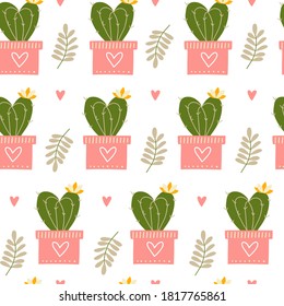 Valentine's Day seamless pattern with cactus. Love day. Romantic design for wrapping paper, fabrics, covers and cards. Vector holiday illustration.