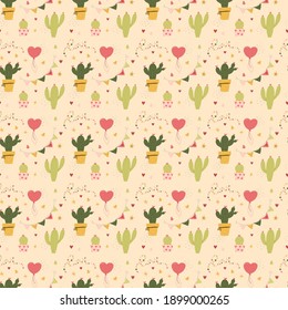 Valentine's day seamless pattern cactus and hearts love. Greeting card or invitation in trendy style. Vector illustration