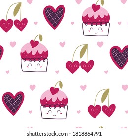 Valentine's Day seamless pattern with cake. Romantic design for wrapping paper, fabrics, covers and cards. Vector illustration.