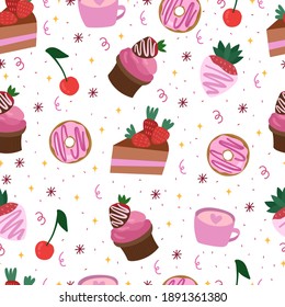 Valentinstag nahtloses Muster mit Kuchen, Donat und Erdbeeren. Vektor-süße Vorlage zum Verpacken von Papier.