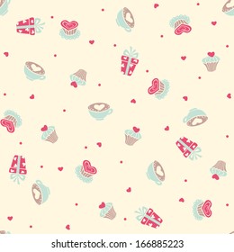 Valentine's day seamless pattern with cakes, coffee and gifts. Vector illustration