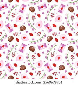 Valentine's day seamless pattern with candies, confetti, garland, lips. On a white background, in a hand-drawn style. For web backgrounds, fabrics, wrapping paper, decoration.
