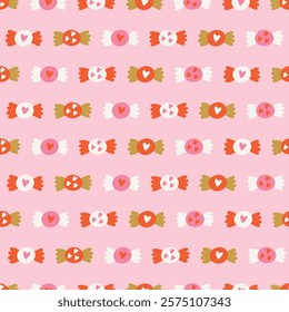 Valentine's Day seamless pattern with candies and hearts on pink background. Perfect for wallpaper, gift paper, romantic greeting cards. Vector hand drawn illustration