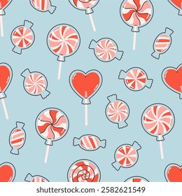 Valentines Day seamless pattern with candies and lollipops. Print for wallpaper, wrapping paper, textile, banners. Vector illustration in flat style