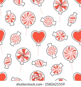 Valentines Day seamless pattern with candies and lollipops. Print for wallpaper, wrapping paper, textile, banners. Vector illustration in flat style