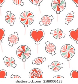 Valentines Day seamless pattern with candies and lollipops. Print for wallpaper, wrapping paper, textile, banners. Vector illustration in flat style