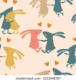 Valentine's Day seamless pattern with cartoon rabbits couples in love. Vector illustration. 