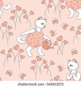 Valentine's day seamless pattern. Cartoon image of cute funny cats, butterflies and flowers in form of hearts.