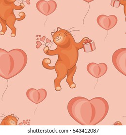 Valentine's day seamless pattern. Cartoon image of cute funny cats and hearts.