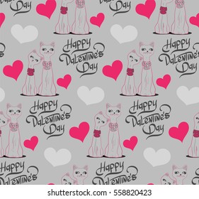 Valentine's Day Seamless pattern with cartoon cats and hearts. Vector illustration. 