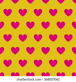 Valentine's Day seamless pattern with carved hearts in a paper. Yellow seamless texture with pink hearts with inner shadows. Background with cutout hearts for web, wrapping, design and ads.