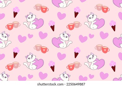 Valentine's day seamless pattern with cat in love, hearts, ice cream, cups. Elegant romantic pink background for greeting cards, fabric, textile, print, cover, wedding, clothes