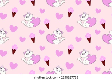 Valentine's day seamless pattern with cat, heart, ice cream.
Romantic valentines pink background for greeting cards, fabric, textile, print, cover, wedding, clothes