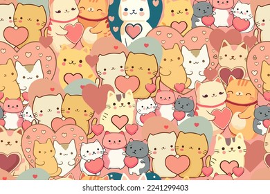 Valentines day seamless pattern with cats and hearts. Design for wrapping paper, postcards, cards, fabric, textile. Vector postcard template for congratulations, decorations, invitations.