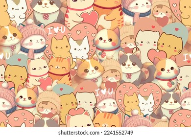 Valentines day seamless pattern with cats and hearts. Cute romantic background wallpaper with cartoon kittens of different breeds in different style. For wrapping paper, postcards, cards. Vector