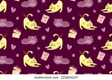 Patrón sin fisuras de San Valentín con gatos