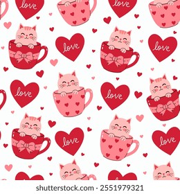 Valentine's Day seamless pattern cats in mugs and hearts. Vector graphics