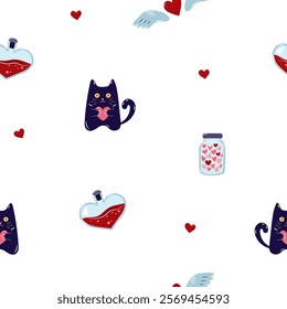 Valentine's Day Seamless pattern with cats and Heart shaped flask. Cute background for textiles and packaging. Vector illustration.