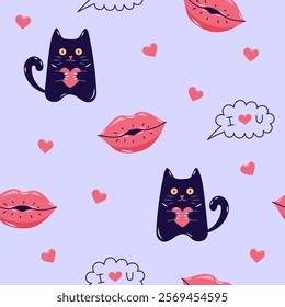 Valentine's Day Seamless pattern with cats and Kissing lips. Cute background for textiles and packaging. Vector illustration.