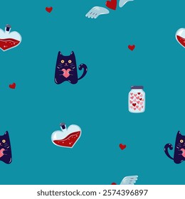 Valentine's Day Seamless pattern with cats and Heart shaped flask. Cute background for textiles and packaging. On turquoise background. Vector illustration.