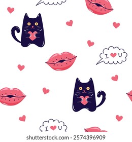 Valentine's Day Seamless pattern with cats and Kissing lips. Cute background for textiles and packaging. On white background. Vector illustration.