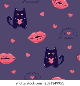 Valentine's Day Seamless pattern with cats and Kissing lips on dark background. Cute background for textiles and packaging. Vector illustration.