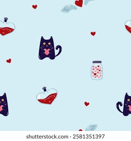 Valentine's Day Seamless pattern with cats and Heart shaped flask. Cute background for textiles and packaging. On blue background. Vector illustration.