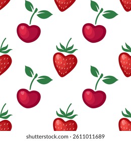 Valentines Day seamless pattern with cherry and strawberry hearts on a white background. Bright heart shaped cherries and strawberries background. Cute vector pattern for a wrapping paper, textiles