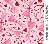 valentines day seamless pattern with chess pieces namely pink queen with red bow and red hearts on a pink background, for patterns, textile or packaging