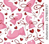 valentines day seamless pattern with chess pieces namely pink horse with red bow and red hearts, for patterns, textile or packaging