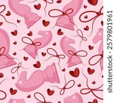 valentines day seamless pattern with chess pieces namely pink horse with red bow and red hearts on a pink background, for patterns, textile or packaging