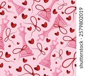 valentines day seamless pattern with chess pieces namely pink king with red bow and red hearts on a pink background, for patterns, textile or packaging